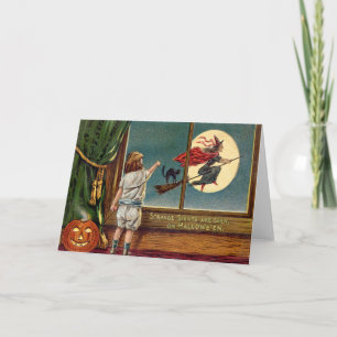 Tarjeta Calabaza de la luna de gato negro de bruja volador