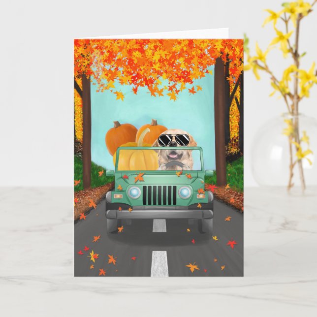 Tarjeta Calabaza de otoño para perro de Golden Retriever (flor amarilla)