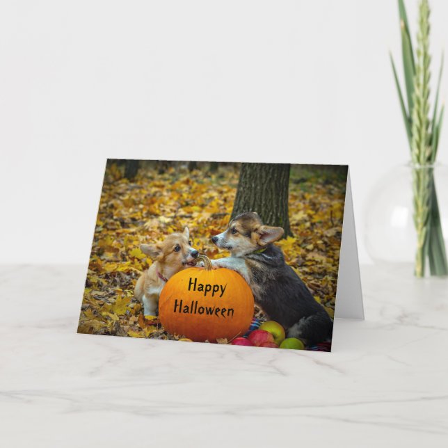 Tarjeta Calabaza de perro Corgi Foto de otoño Halloween (Anverso)