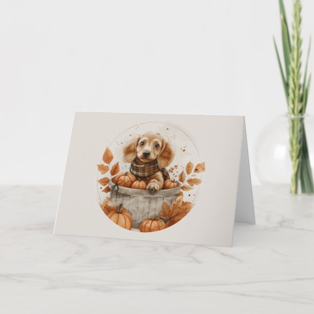 Tarjeta Calabaza de perros Dachshund en otoño (Anverso)