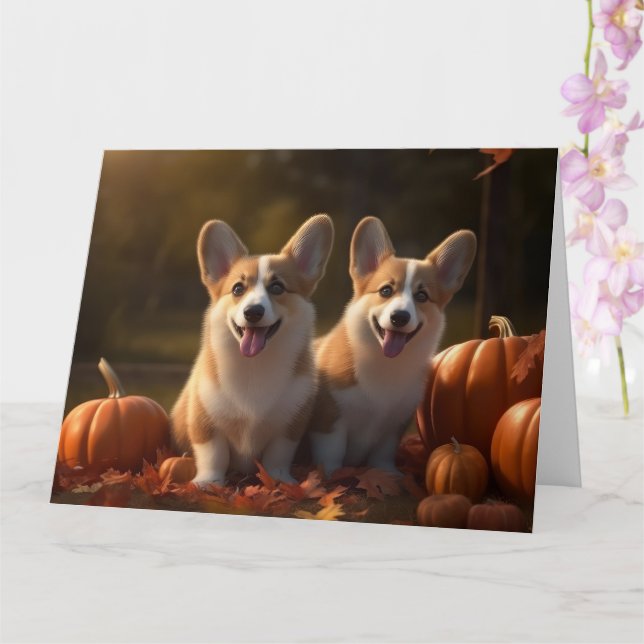 Tarjeta Calabaza deslumbrante Corgi Puppy Autumn (Orquídea)