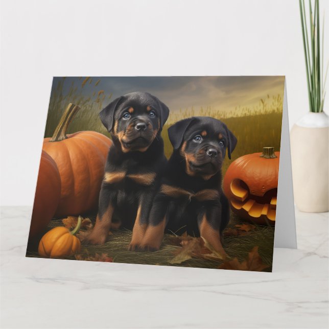 Tarjeta Calabaza deslumbrante Rottweiler Puppy Autumn (Anverso)