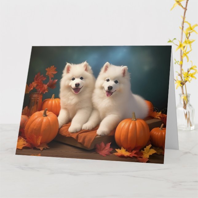 Tarjeta Calabaza deslumbrante Samoyed Puppy Autumn (flor amarilla)