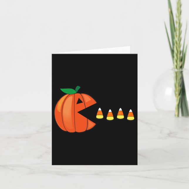 Tarjeta Calabaza divertida de Halloween Comer Candy Corn (Anverso)