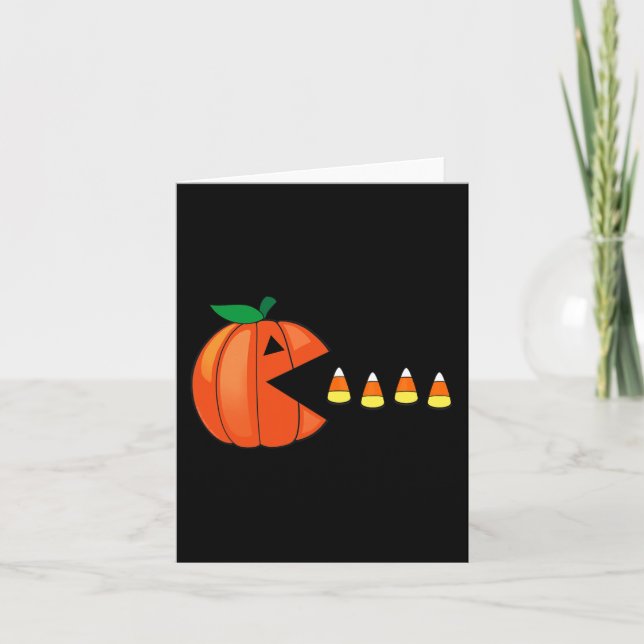 Tarjeta Calabaza divertida de Halloween Comer Candy Corn (Anverso)