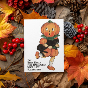 Tarjeta Calabaza Divertida Vintage y Gato Negro Corriendo