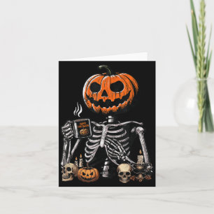 Tarjeta Calabaza Esqueleto Café Bebiendo Divertido Hallowe