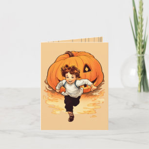 Tarjeta Calabaza feliz de Halloween, joven feliz