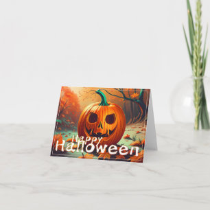 Tarjeta Calabaza naranja espeluznante con cara, Halloween