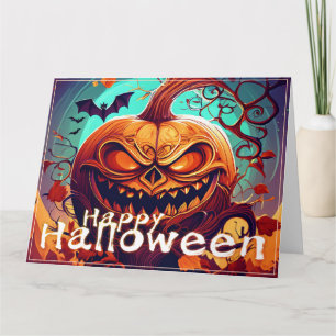 Tarjeta Calabaza naranja espeluznante con cara, Halloween