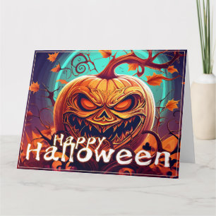 Tarjeta Calabaza naranja espeluznante con cara, Halloween