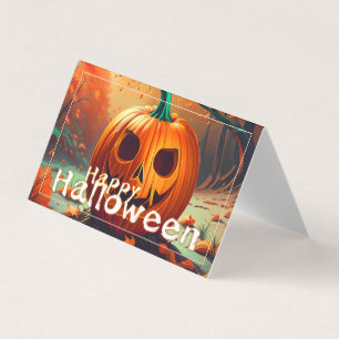 Tarjeta Calabaza naranja espeluznante con cara, Halloween