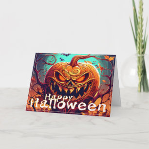 Tarjeta Calabaza naranja espeluznante con cara, Halloween