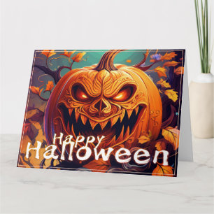 Tarjeta Calabaza naranja espeluznante con cara, Halloween