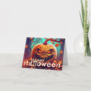 Tarjeta Calabaza naranja espeluznante con cara, Halloween