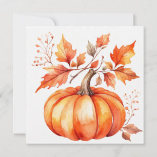 Tarjeta Calabaza naranja y hojas de otoño en acuarela
