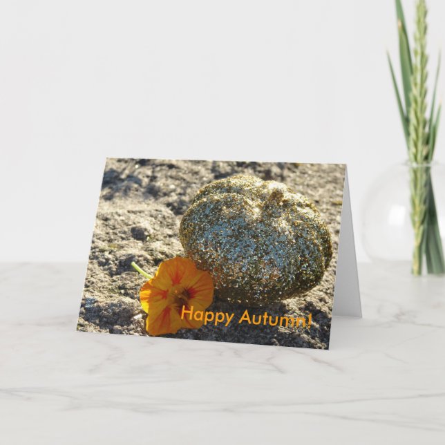 Tarjeta Calabaza Purpurina de oro, ¡Feliz otoño! (Anverso)