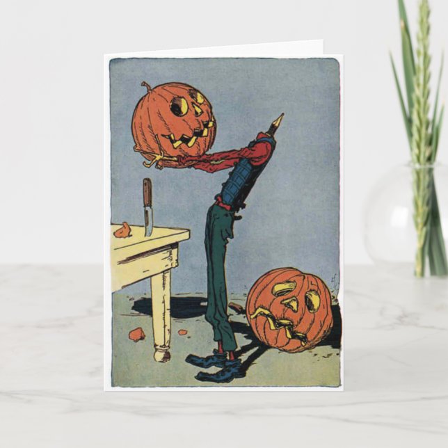 Tarjeta Calabaza tallando su propia cabeza - Halloween (Anverso)