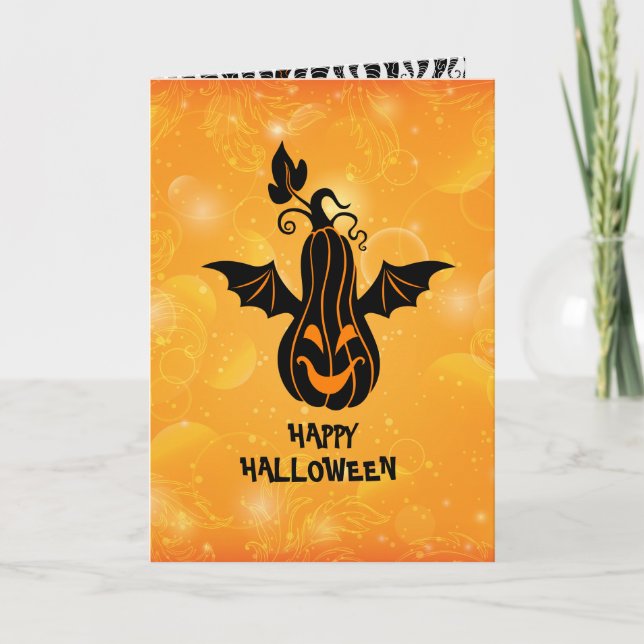 Tarjeta Calabaza voladora de Halloween Orang & Black Happy (Anverso)