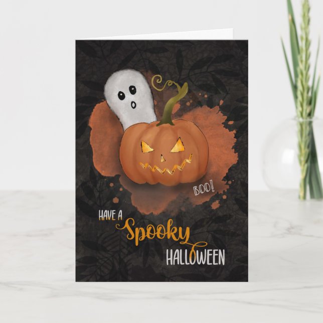 Tarjeta Calabaza y fantasma con fantasía de Halloween (Anverso)