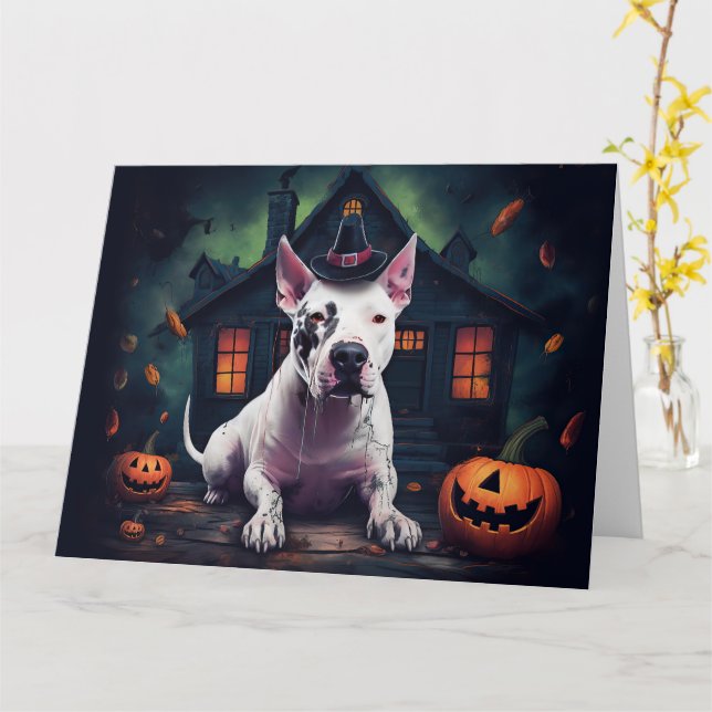 Tarjeta Calabazas de Bull Terrier Halloween dan miedo (flor amarilla)