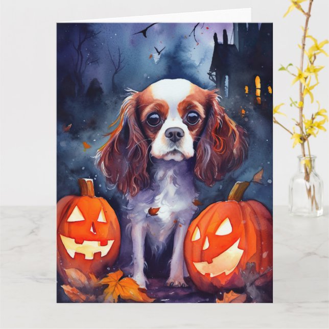 Tarjeta Calabazas de Cavalier King Charles Spaniel de Hall (flor amarilla)
