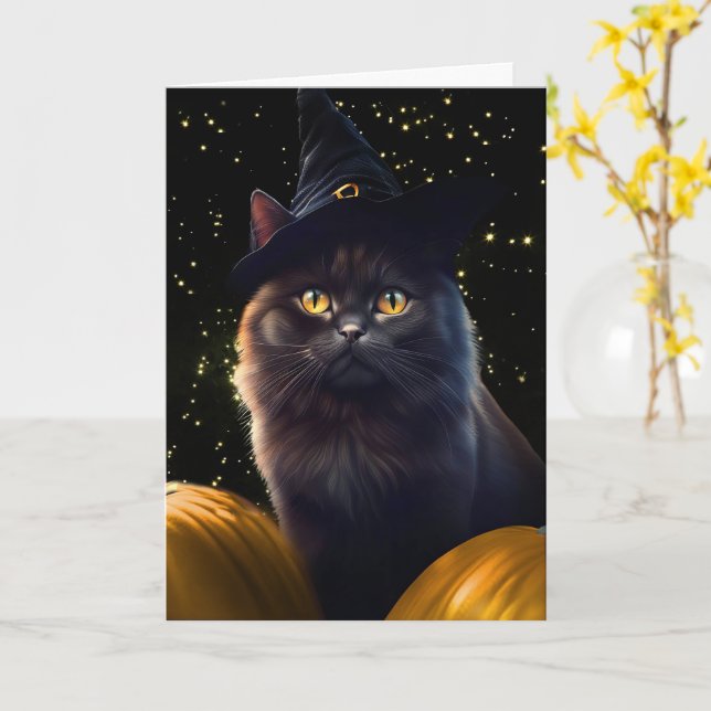 Tarjeta Calabazas de gato negro y Gorra de brujas Feliz Ha (flor amarilla)