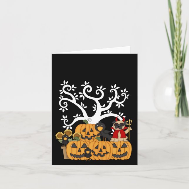 Tarjeta Calabazas de Halloween, pájaros negros y perro del (Anverso)