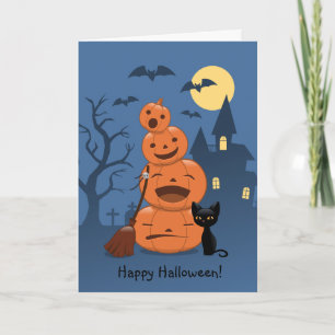 Tarjeta Calabazas de Halloween y gato negro