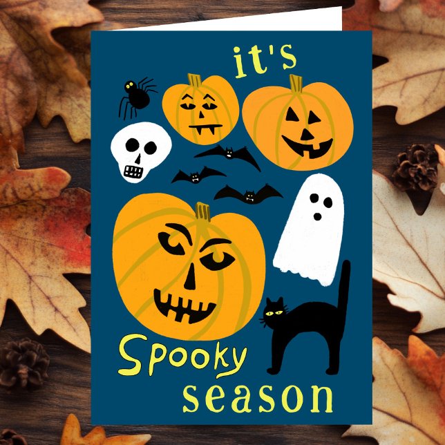 Tarjeta Calabazas de temporada espeluznante FELIZ Bat HALL (Spooky Season Pumpkins Ghost Bat HAPPY HALLOWEEN Card
)