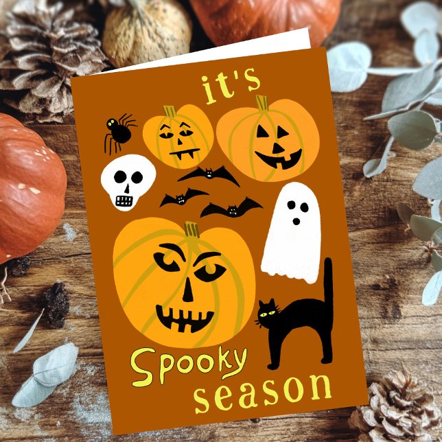 Tarjeta Calabazas de temporada espeluznante FELIZ Bat HALL (Spooky Season Pumpkins Ghost Bat HAPPY HALLOWEEN Autumn October Fall Cute Greeting Card
)