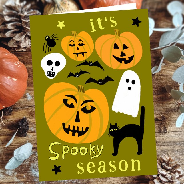 Tarjeta Calabazas de temporada espeluznante FELIZ Bat HALL (Spooky Season Pumpkins Ghost Bat HAPPY HALLOWEEN Cute Hand-drawn Autumn October Card
)