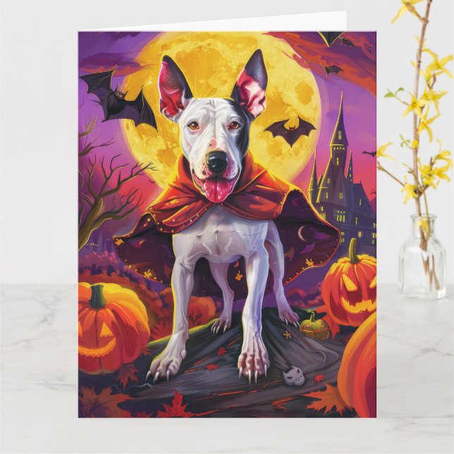 Tarjeta Calabazas de vampiros de Bull Terrier de Halloween (flor amarilla)