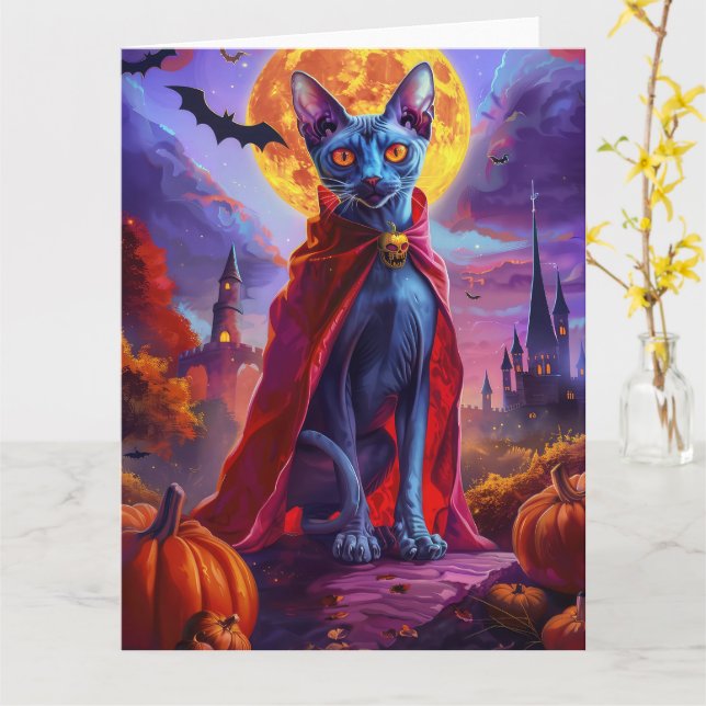 Tarjeta Calabazas de vampiros de gato azul oriental de Hal (flor amarilla)