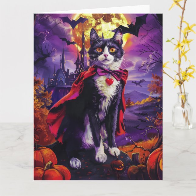 Tarjeta Calabazas de vampiros de gatos de Tuxedo de Hallow (flor amarilla)