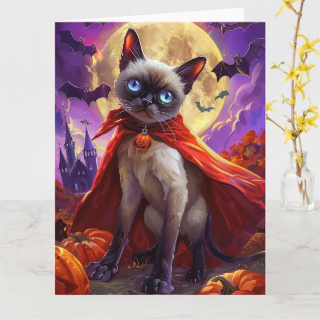Tarjeta Calabazas de vampiros de gatos siameses de Hallowe (flor amarilla)