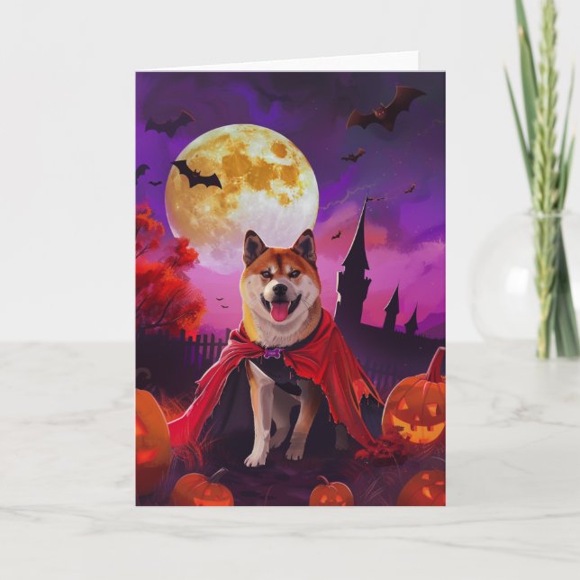 Tarjeta Calabazas de vampiros de Halloween Akita asustadas (Anverso)
