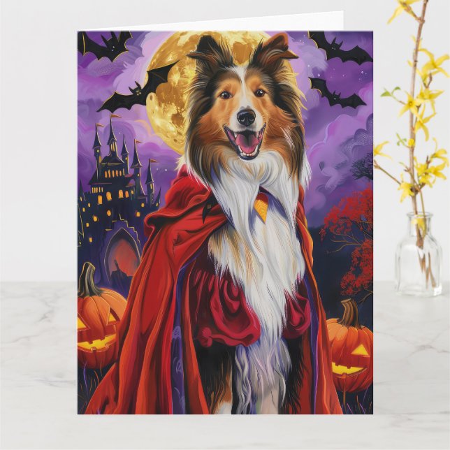 Tarjeta Calabazas de vampiros de Halloween Rough Collie Sc (flor amarilla)
