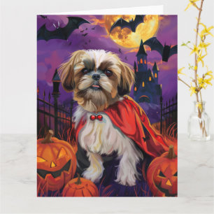 Tarjeta Calabazas de vampiros de Halloween Shih Tzu asusta