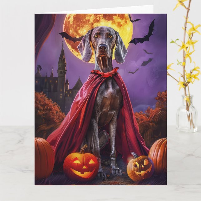 Tarjeta Calabazas de vampiros de Weimaraner de Halloween d (flor amarilla)