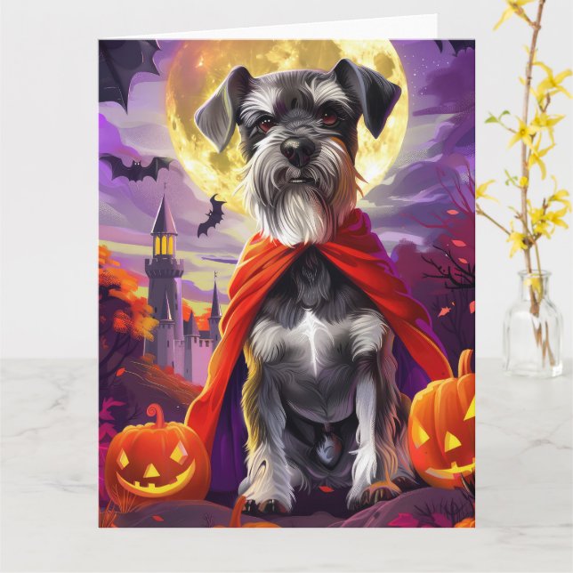 Tarjeta Calabazas de vampiros Schnauzer de Halloween dan m (flor amarilla)