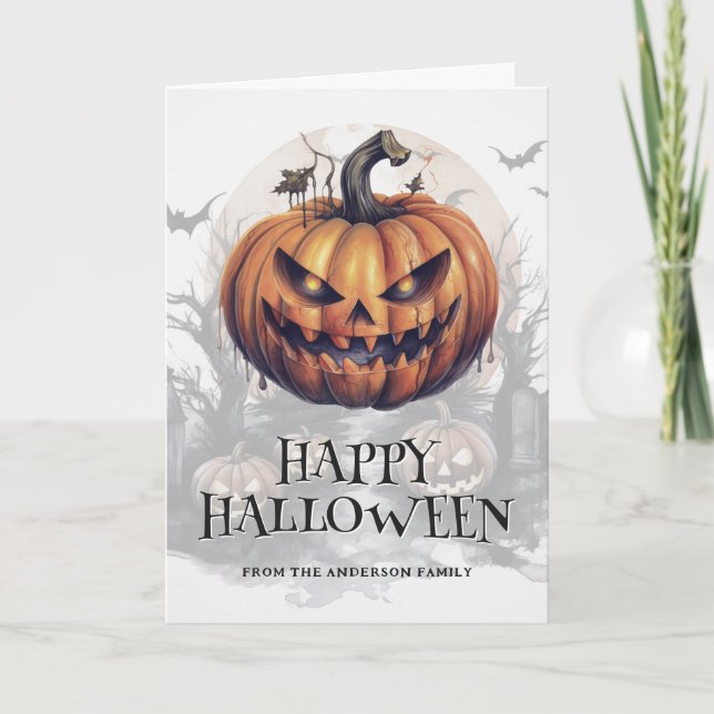 Tarjeta Calabazas fantasmagóricas Bats Moon Photo Happy Ha (Anverso)
