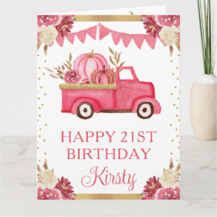 Tarjeta Calabazas Florales de Camioneta Rosa en Acuarela C