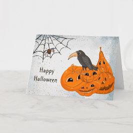 Tarjeta Calabazas naranjas de Halloween Cuervo Telaraña