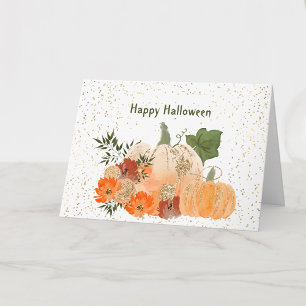 Tarjeta Calabazas naranjas de Halloween flores confeti dor