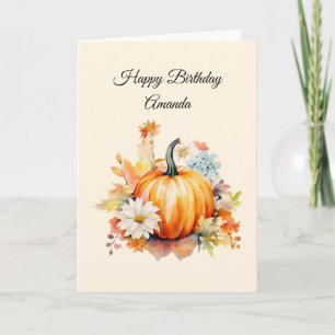 Tarjeta Calabazas naranjas y flores Cumpleaños de otoño