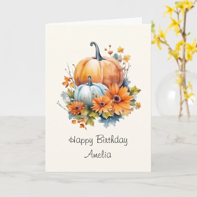 Tarjeta Calabazas otoñales con flores y cumpleaños de foll (flor amarilla)