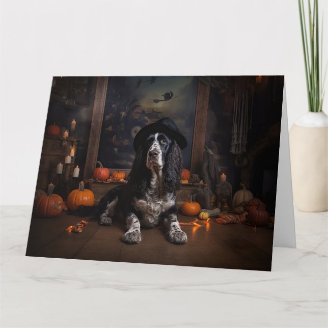 Tarjeta Calabazas Spaniel de Caza Inglés Halloween Asustad (Anverso)