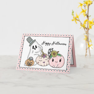 Tarjeta Calabazas y Boo caprichosos de Halloween rosados