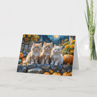 Tarjeta Calabazas y flores de gatitos otoñales fluidos
